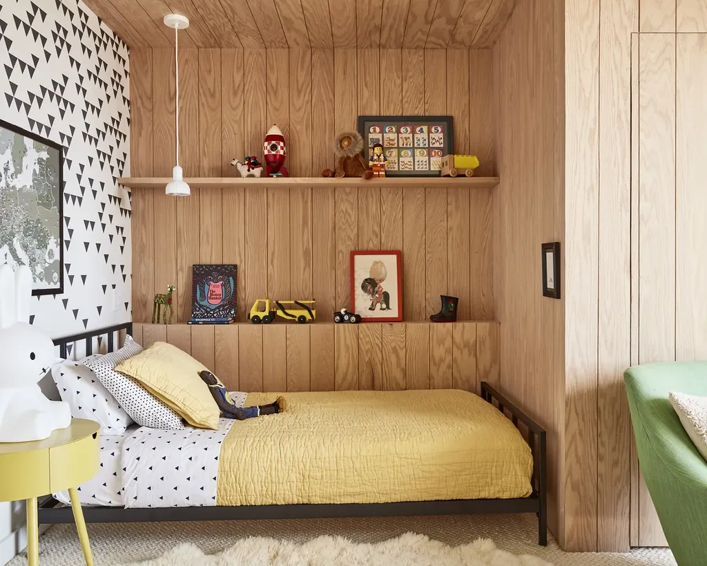 cozy wooden kids bedroom with yellow bedding