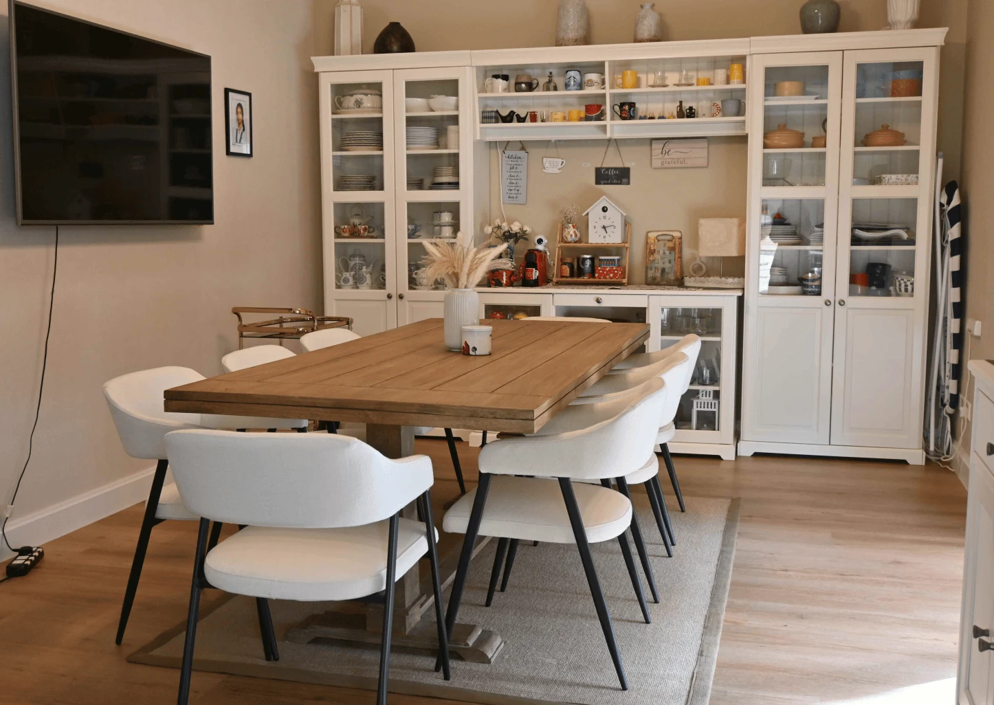 contemporary kitchen with glass fronted cabinets