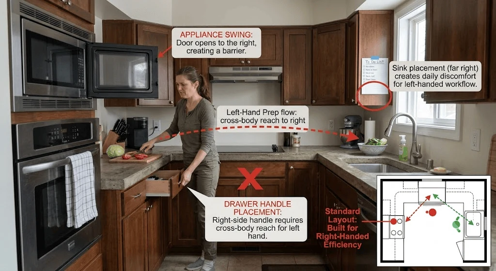 convention kitchen layout stressing left hand dominant users