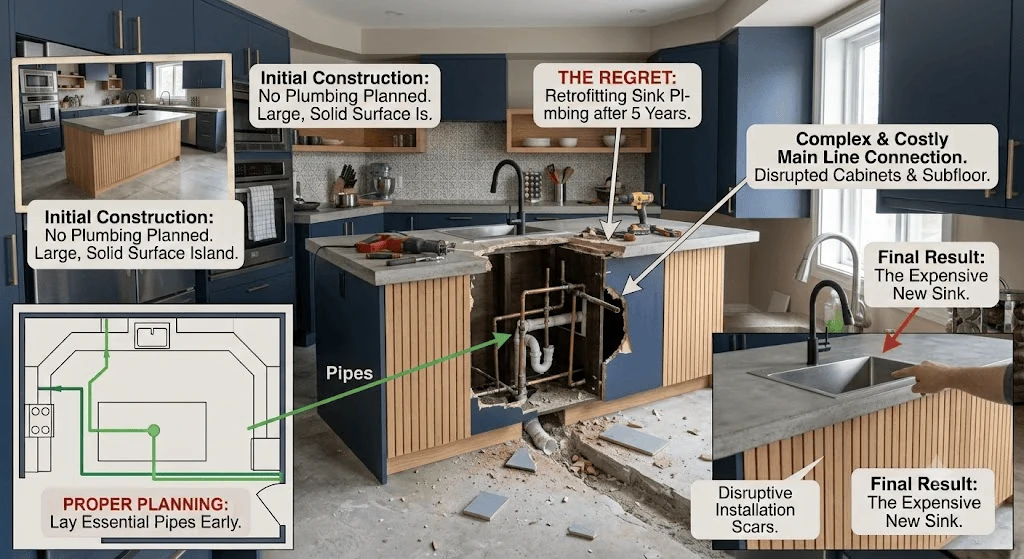 kitchen island with plumbing setup