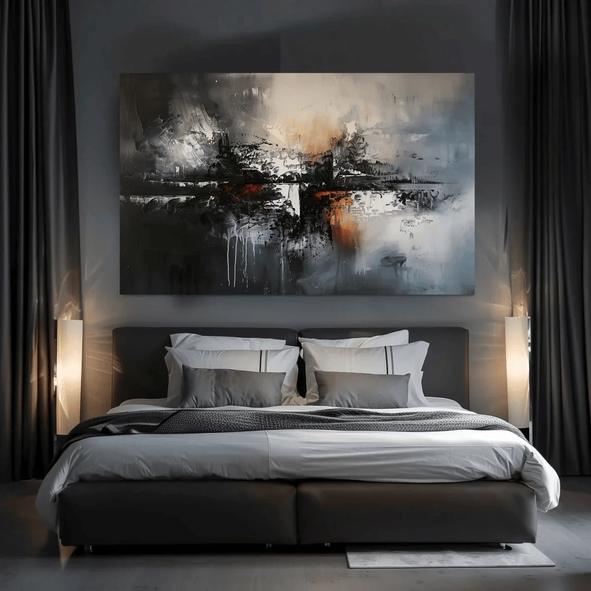 dark bedroom with large scale canvas art as a single focal point