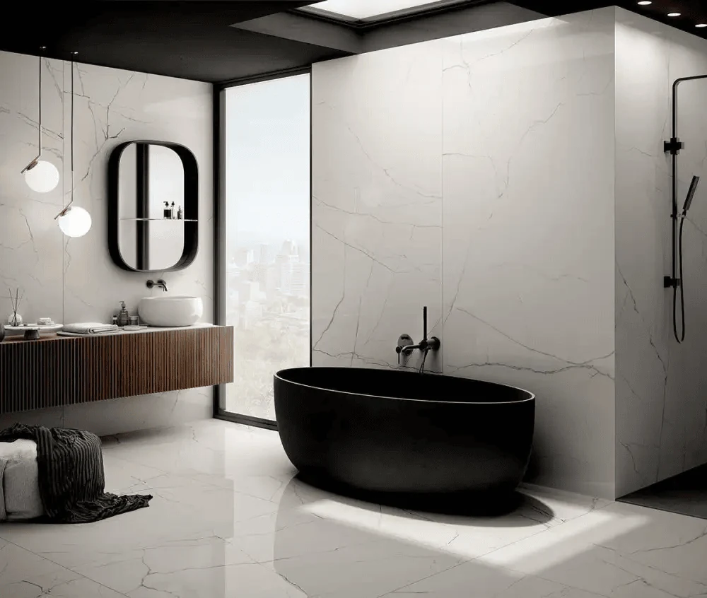 large format bathroom floor tiles for a clean hotel like finish