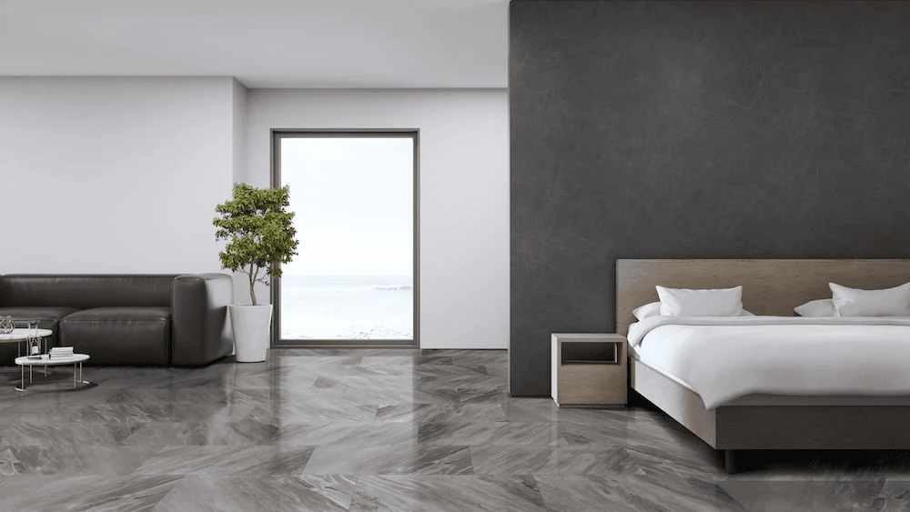 large format bedroom flooring tiles for a clean clutter free floor