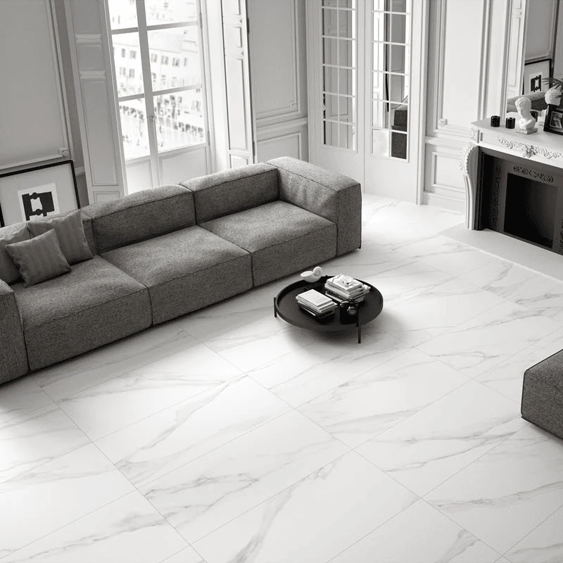 large format porcelain flooring tiles in an open plan living room