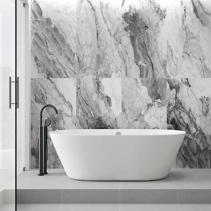 small bathroom remodel ideas using large format marble effect tiles to reduce grout lines