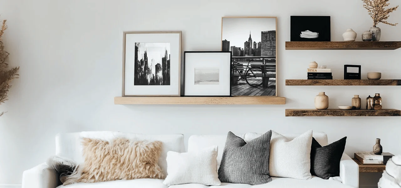 leaning ledge and shelf combo gallery wall with abstract prints