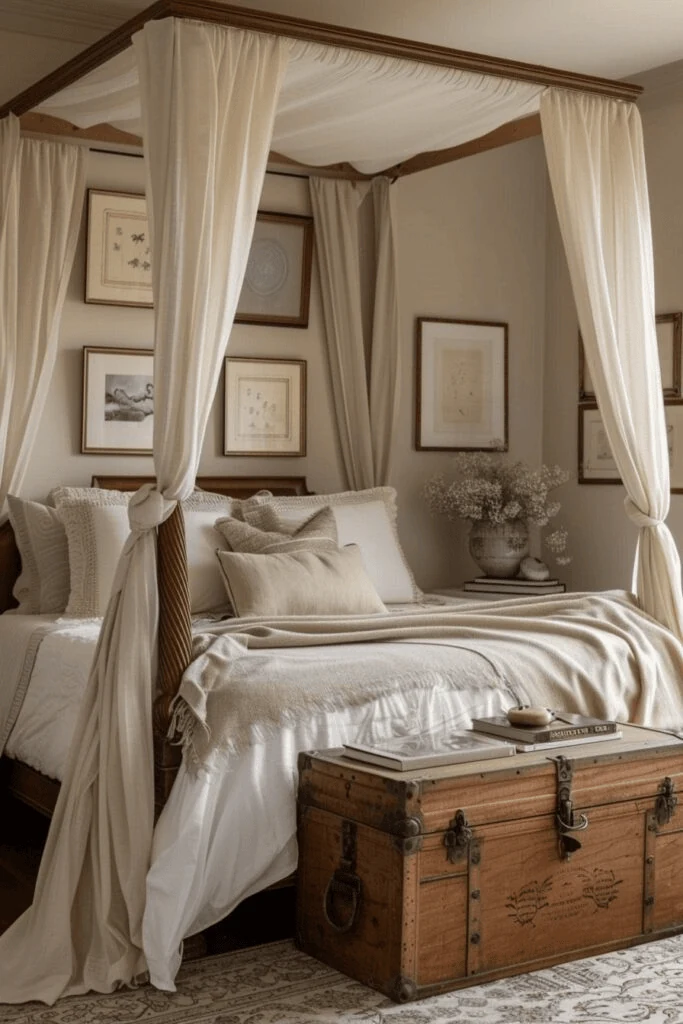 use a trunk or woven basket for hidden storage light academia decor