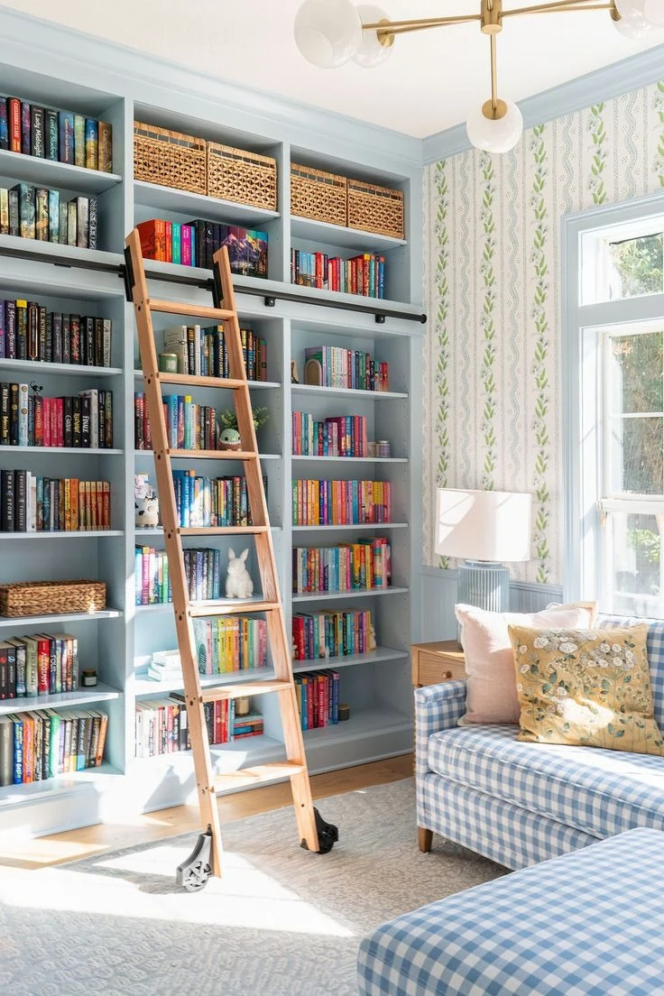 use vertical shelves to save floor space light academia decor