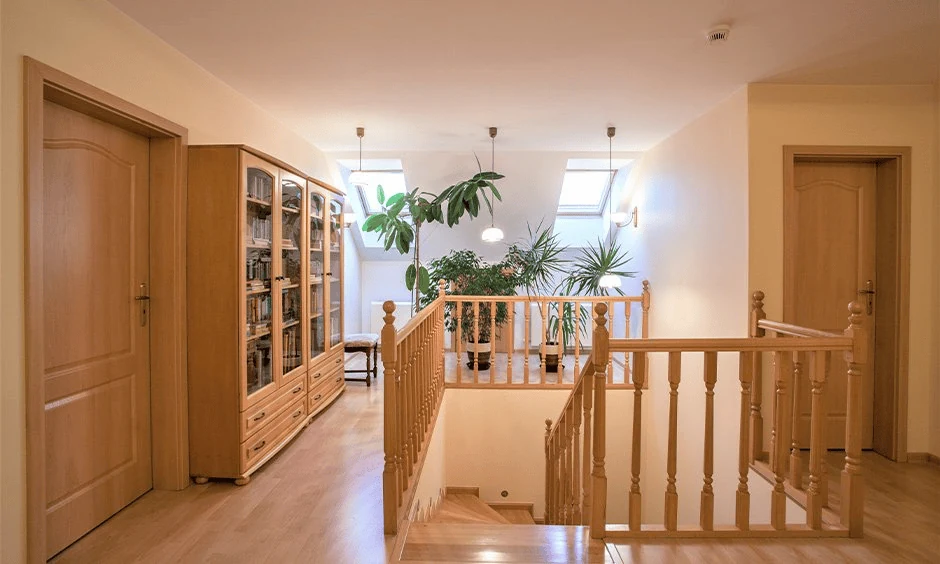 light wood stair railing for a softer small home staircase