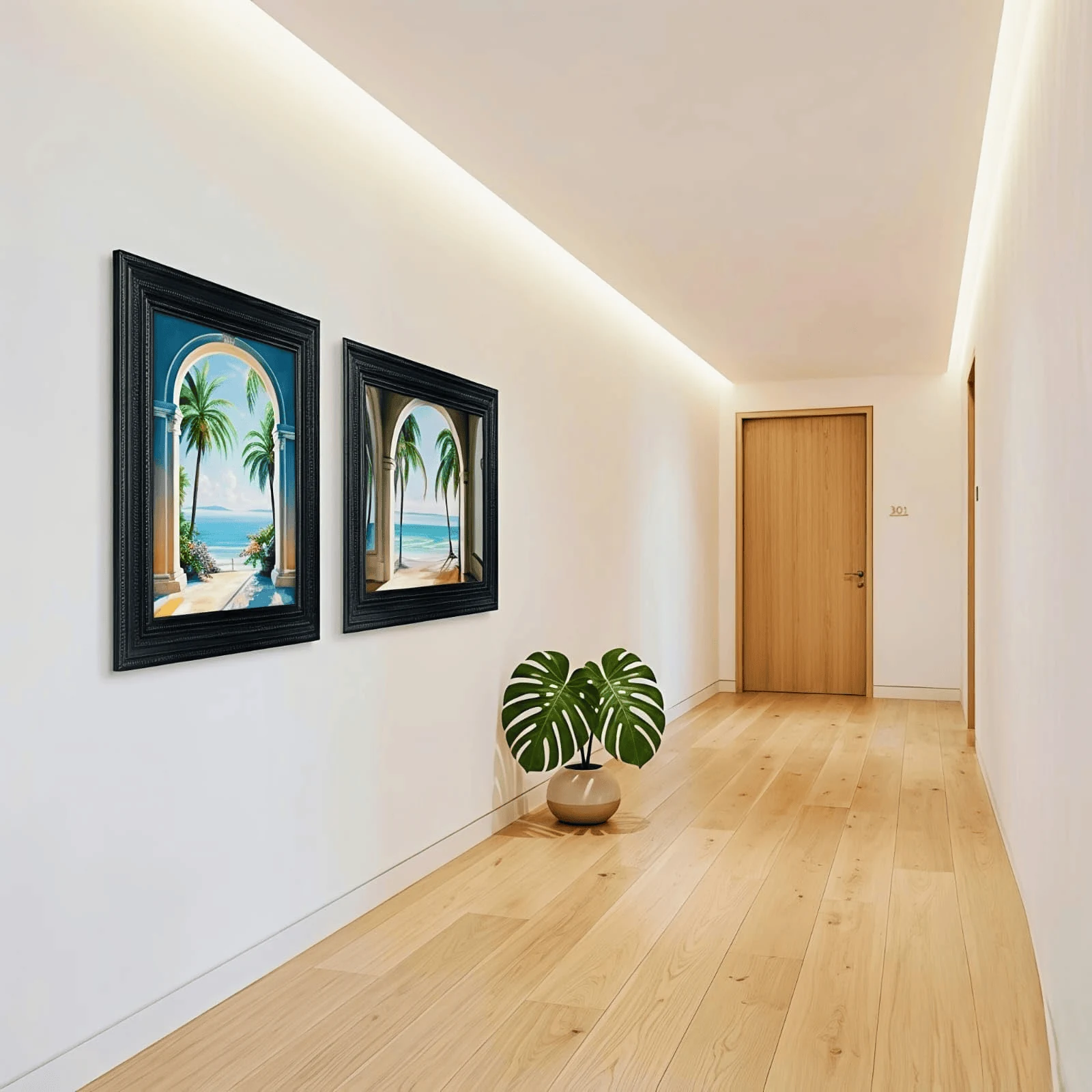 linear eye level hallway gallery wall with matching medium frames