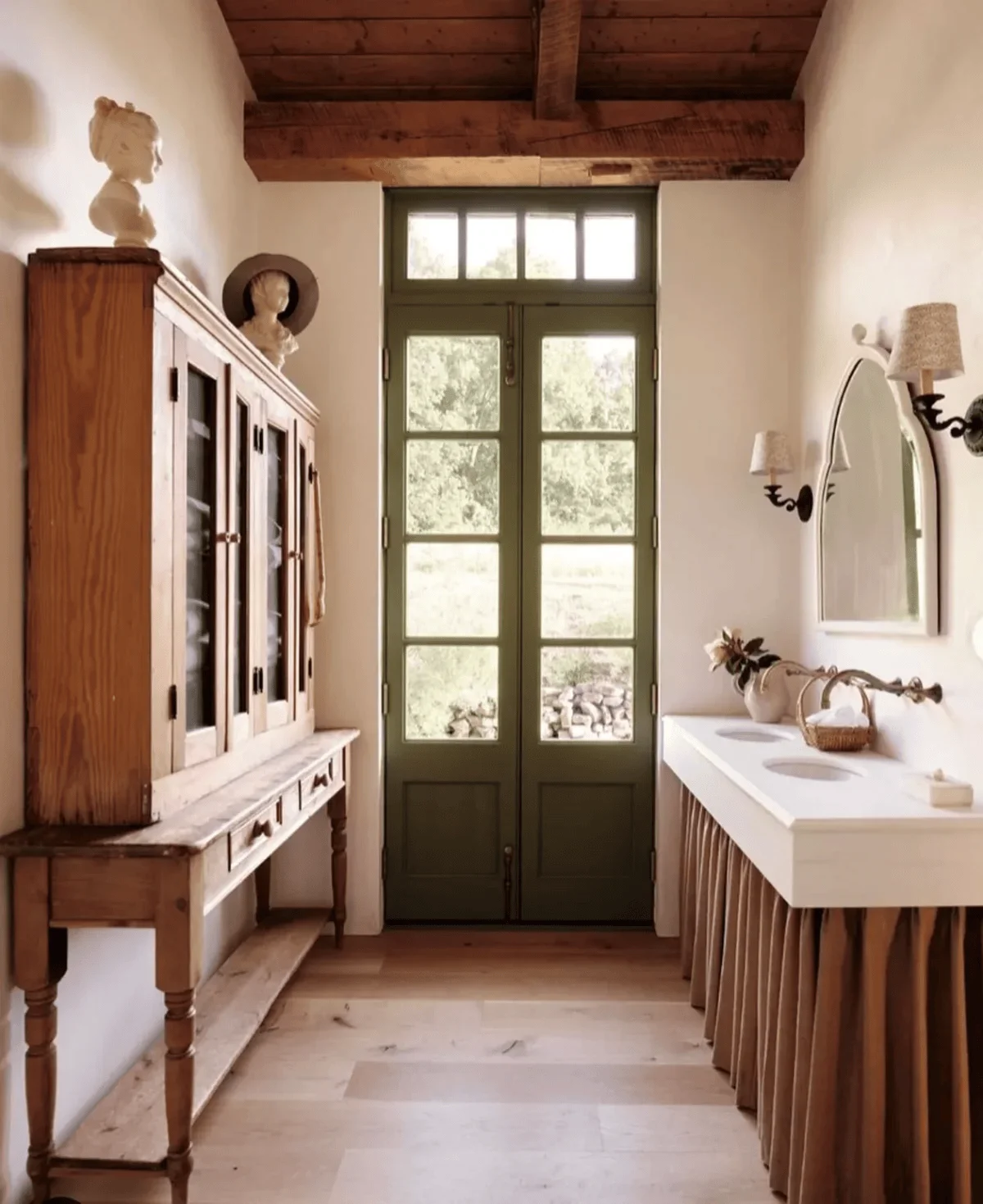 Linen Sink Skirt Under A Stone Vanity Tuscan style bathroom