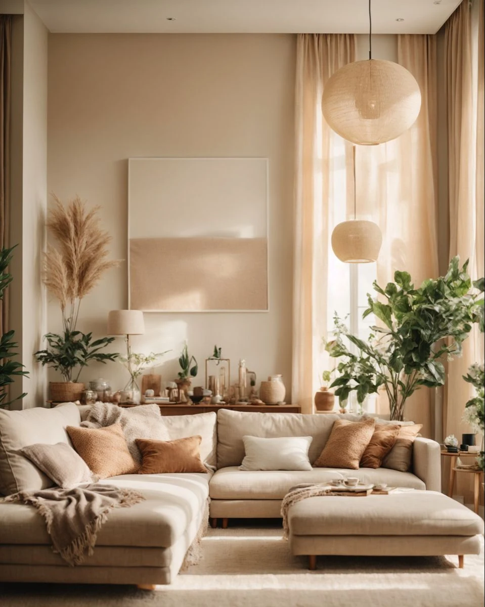 low profile neutral gallery wall with a large abstract canvas