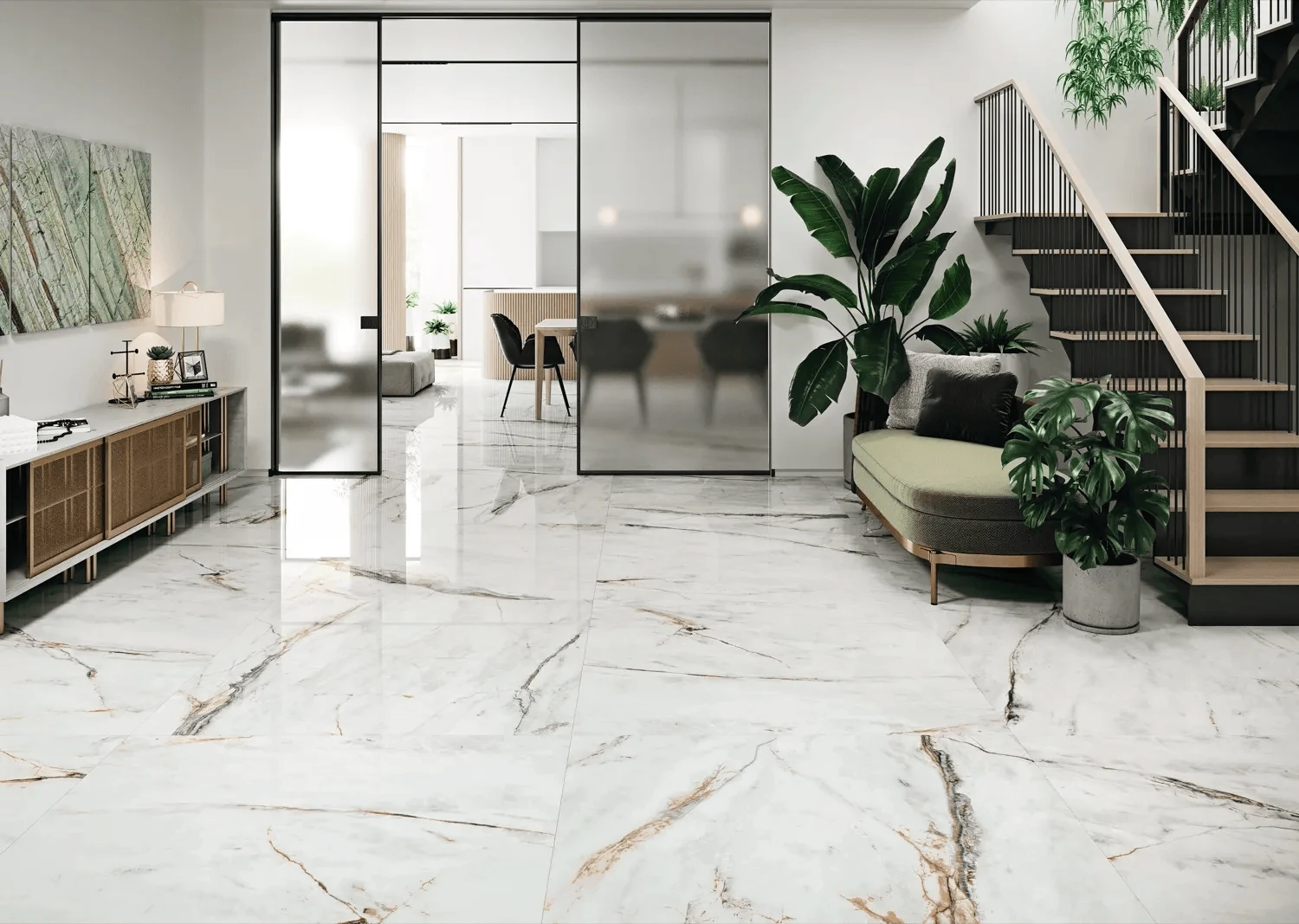 marble look flooring tiles for a living room with low maintenance elegance