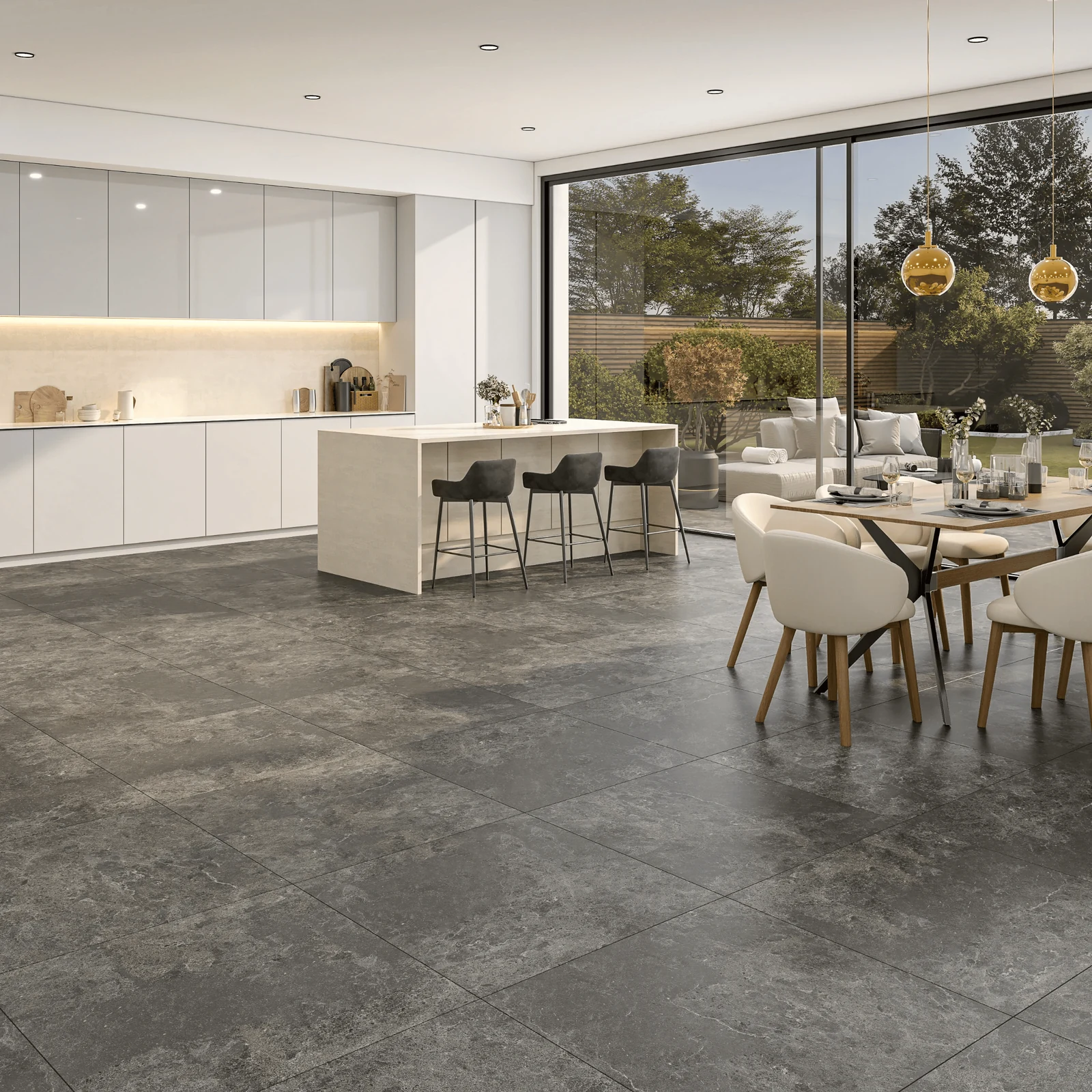 matte grey kitchen floor tiles as a clean base for white cabinetry