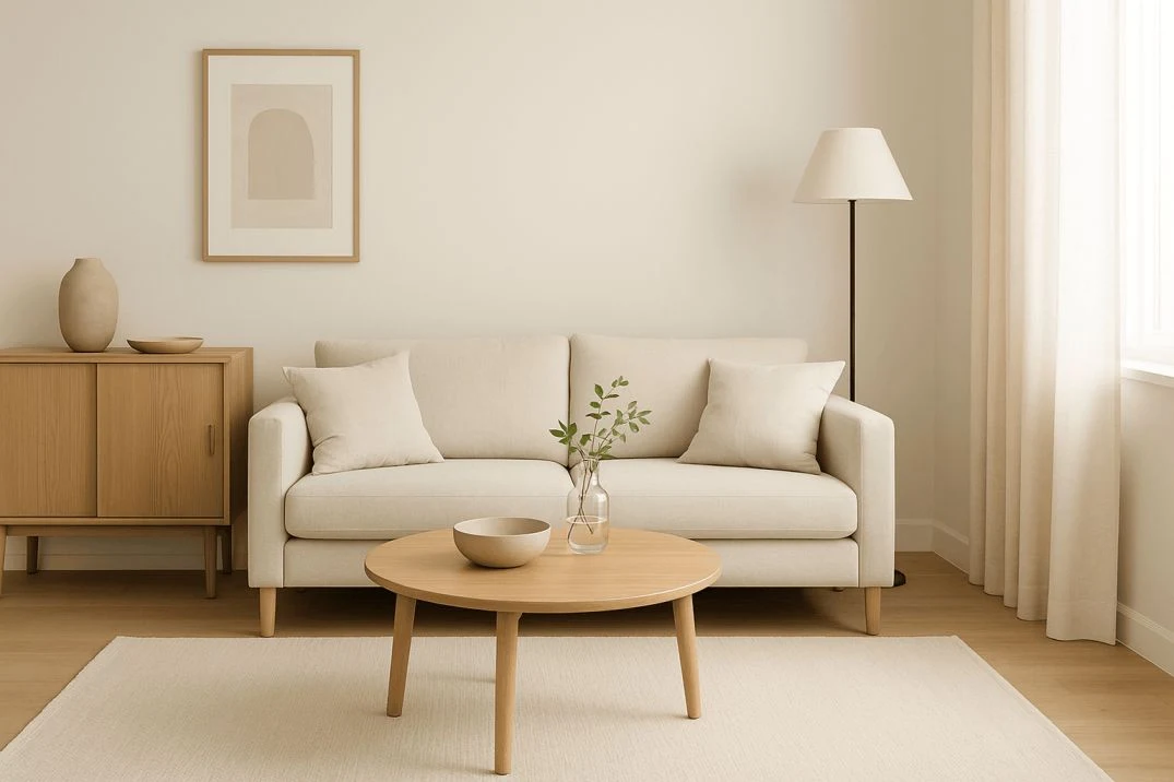 Minimalist living room with neutral tones, curated decor, natural light interior design.