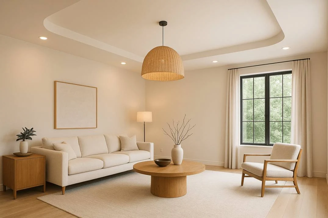 Minimalist living room with neutral tones, tray ceiling, rattan pendant light, and simple, elegant furniture.