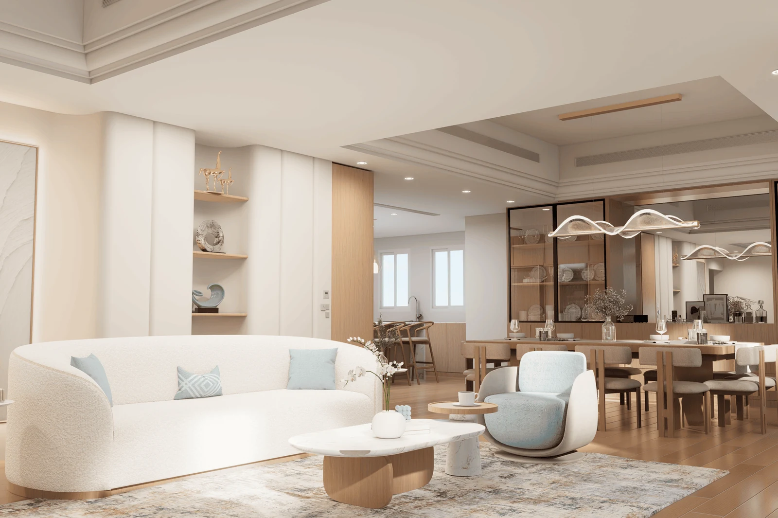 mismatched sofas delineating open living rooms with different sofas