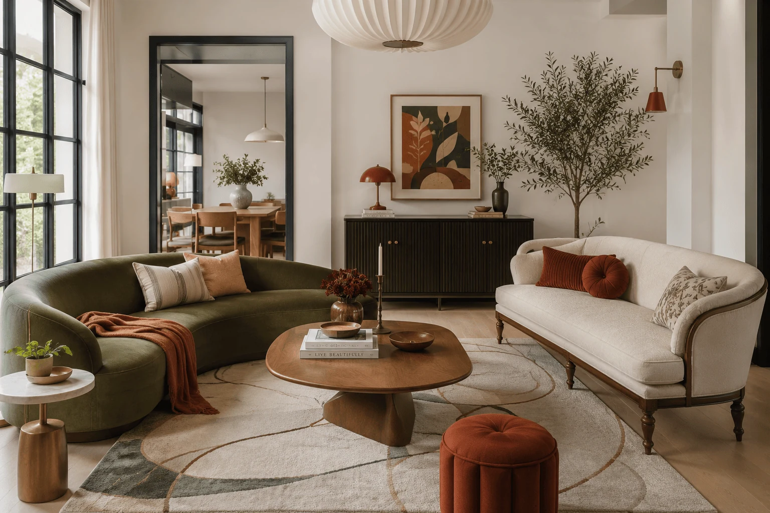 mismatched sofas sofas with rustic red repeated in three places