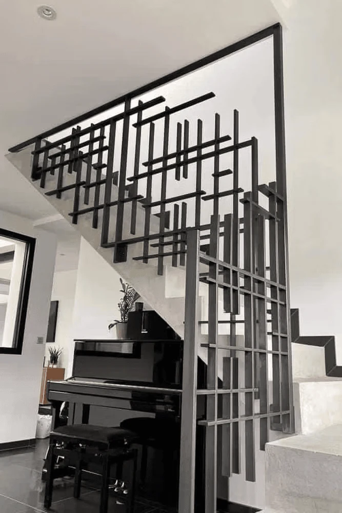 mixed material stair balustrade combining timber glass and metal