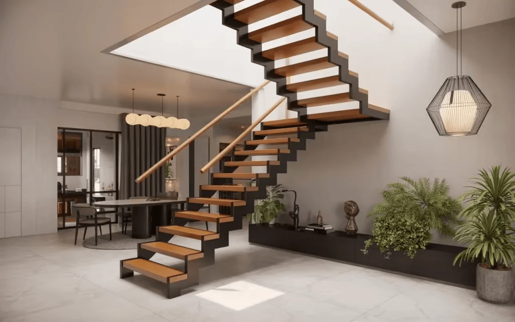 mixed wood and metal stair railing balancing warmth and structure
