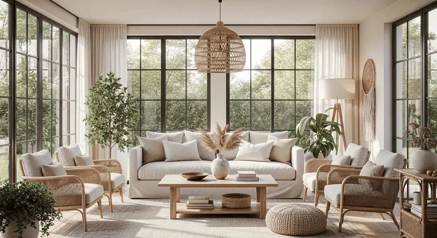modern sunroom ideas with black framed windows cream upholstery and rattan textures