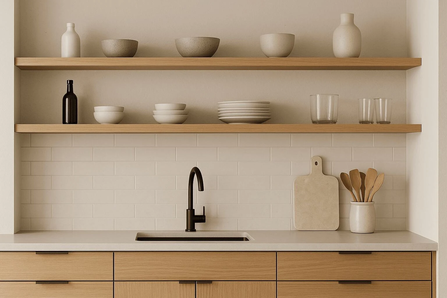 Modern kitchen interior design regrets in beige tones with open wooden shelves.