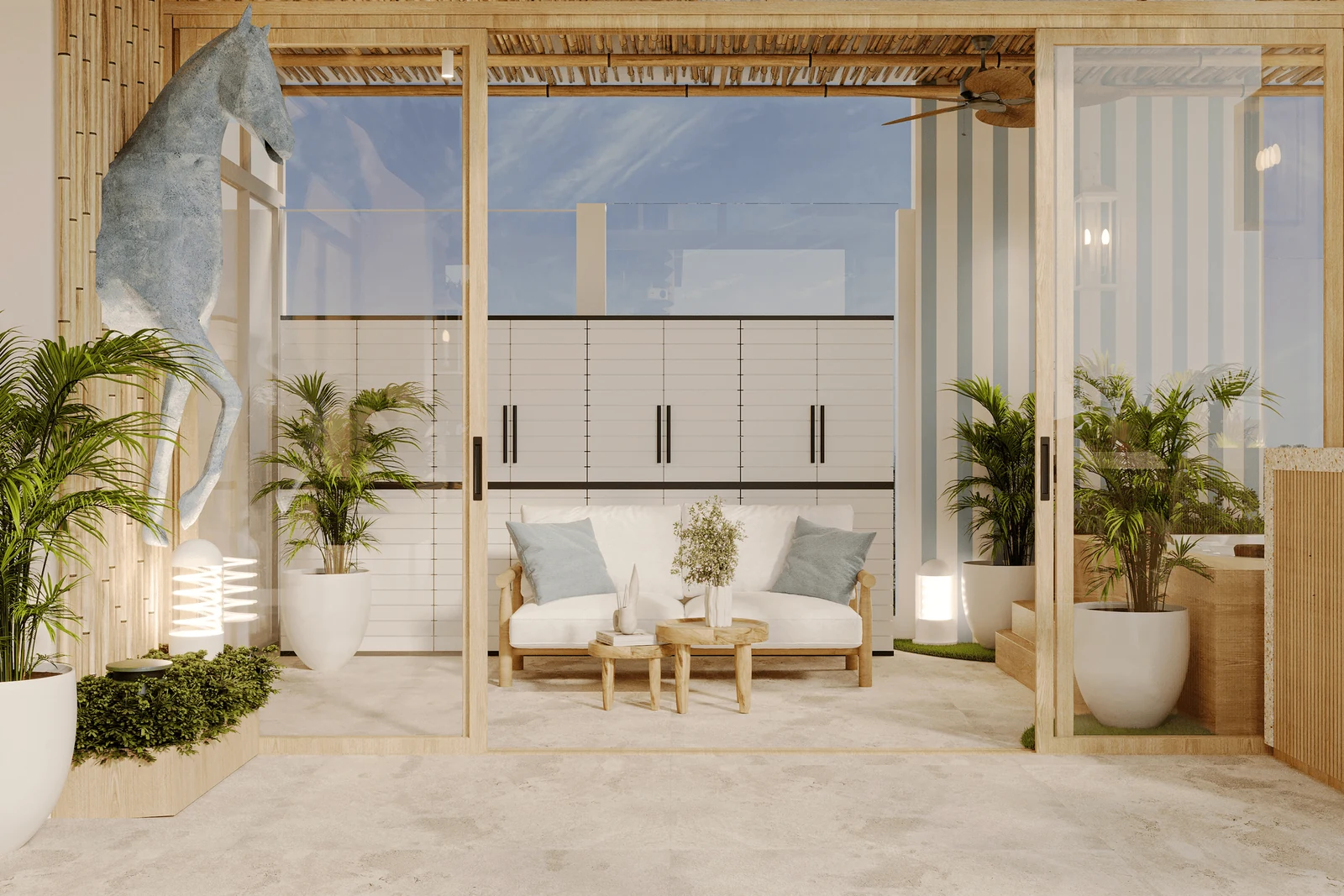 modern sunroom design with frameless glass and a timber lattice ceiling