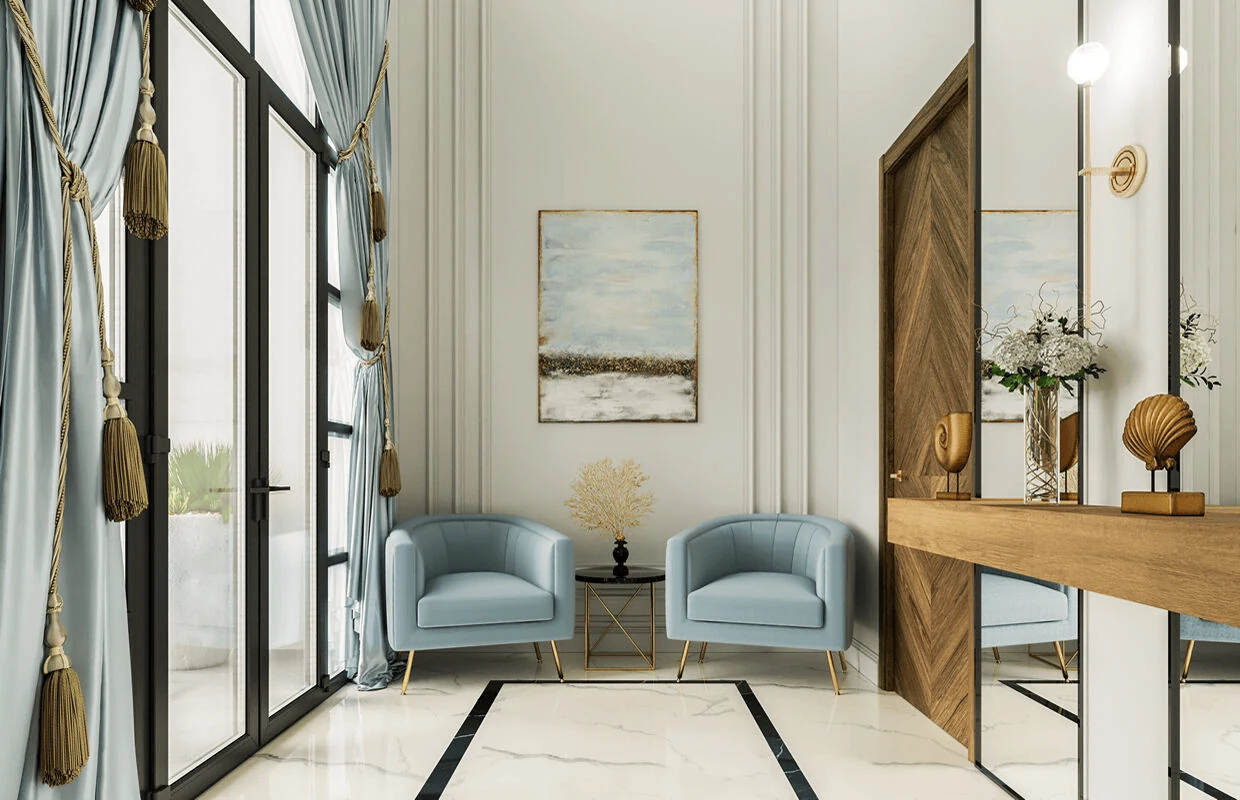 modern neoclassical interior design with wall panelling and marble