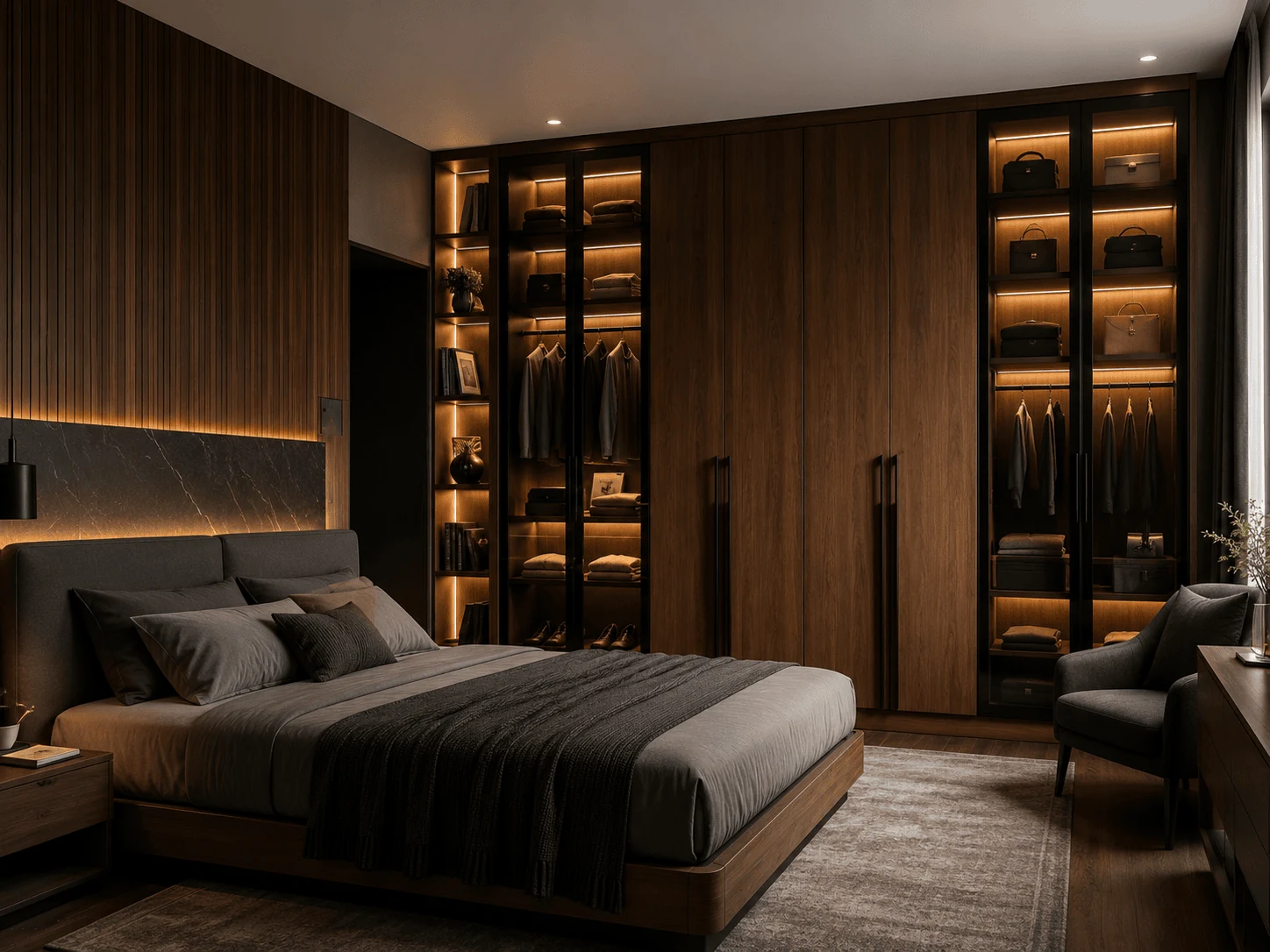 create dark luxury with smoked glass and timber modern wardrobe design
