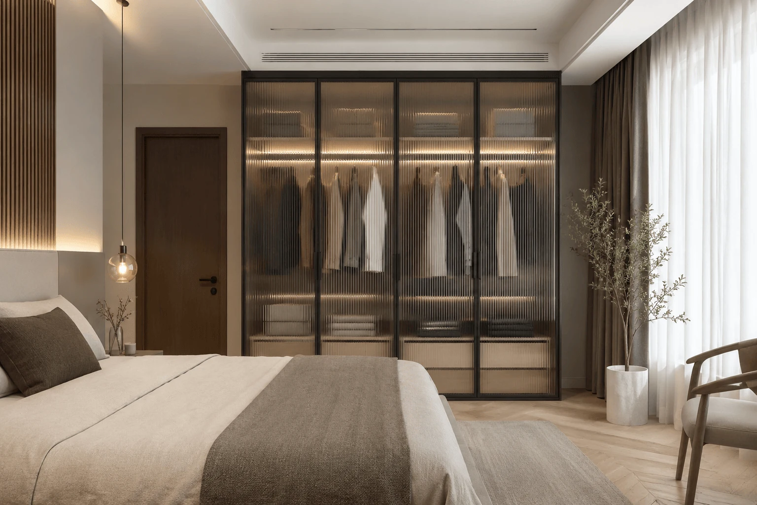 lighten a wide wardrobe with smoked or reeded glass