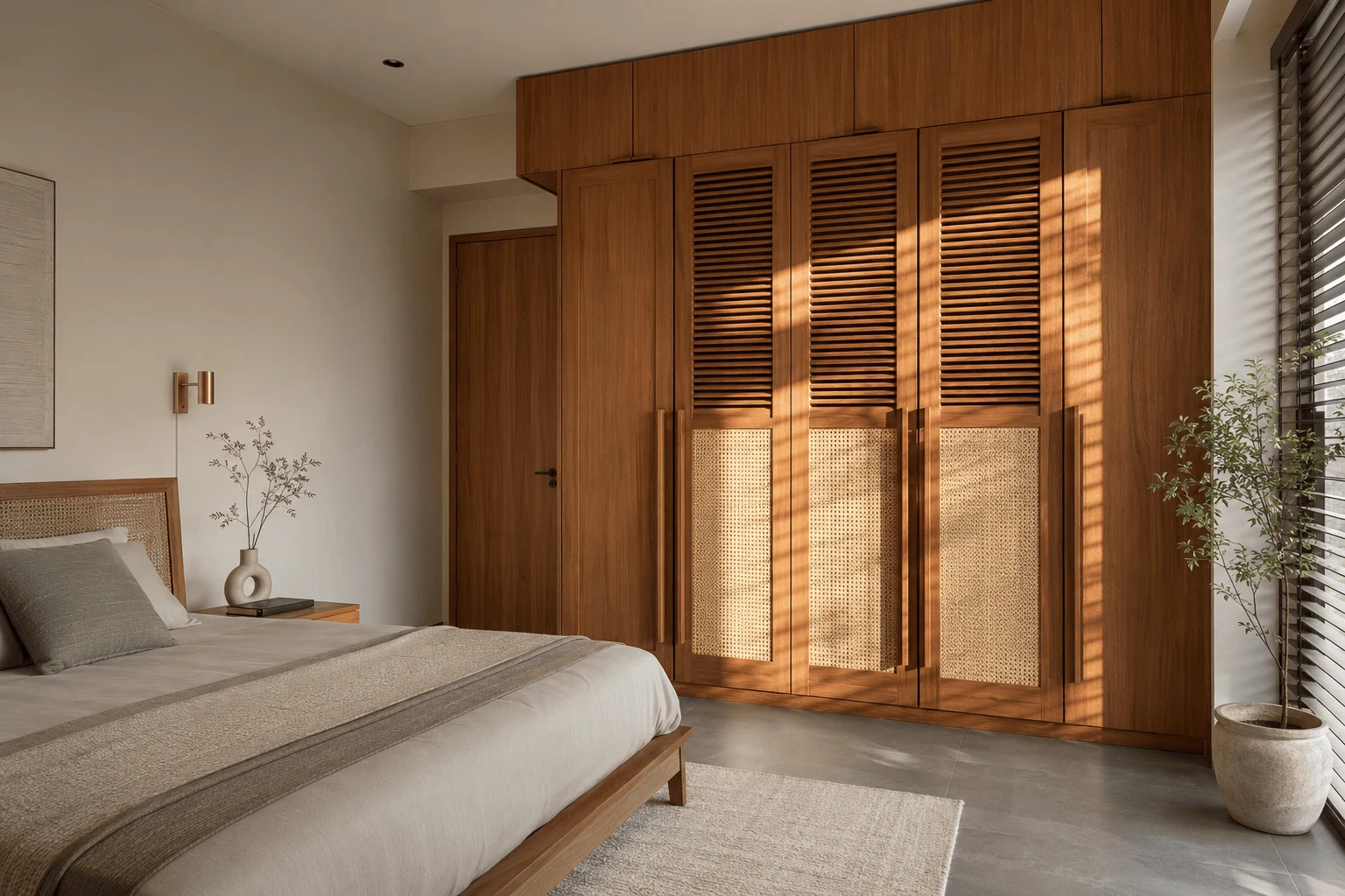 mix solid shutters with louvres or cane modern wardrobe design
