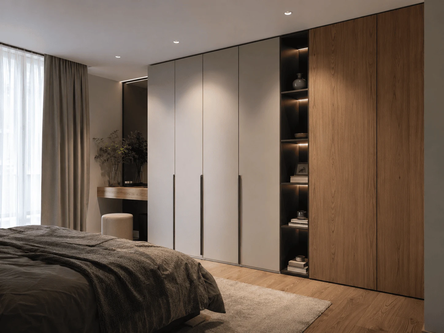 pair natural veneer with quiet matte panels modern wardrobe design