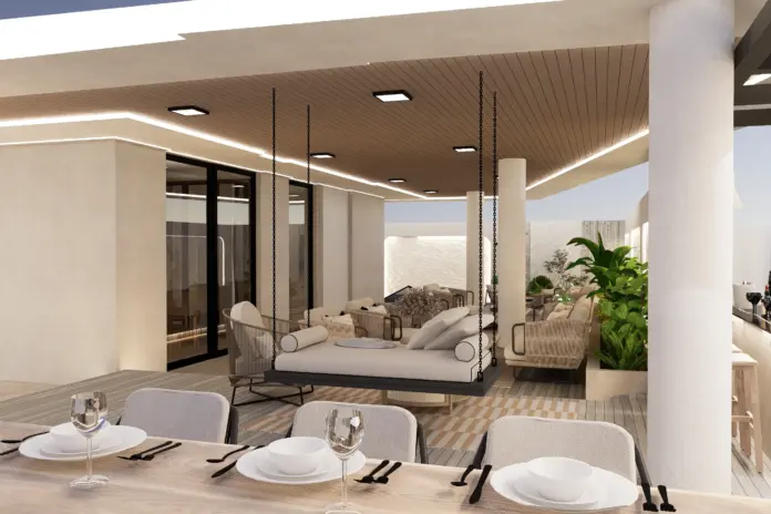 Nad Al Sheba Gardens Villa rooftop terrace outdoor area with bespoke bar counter lounge seating and landscaped surrounds Nad Al Sheba 1