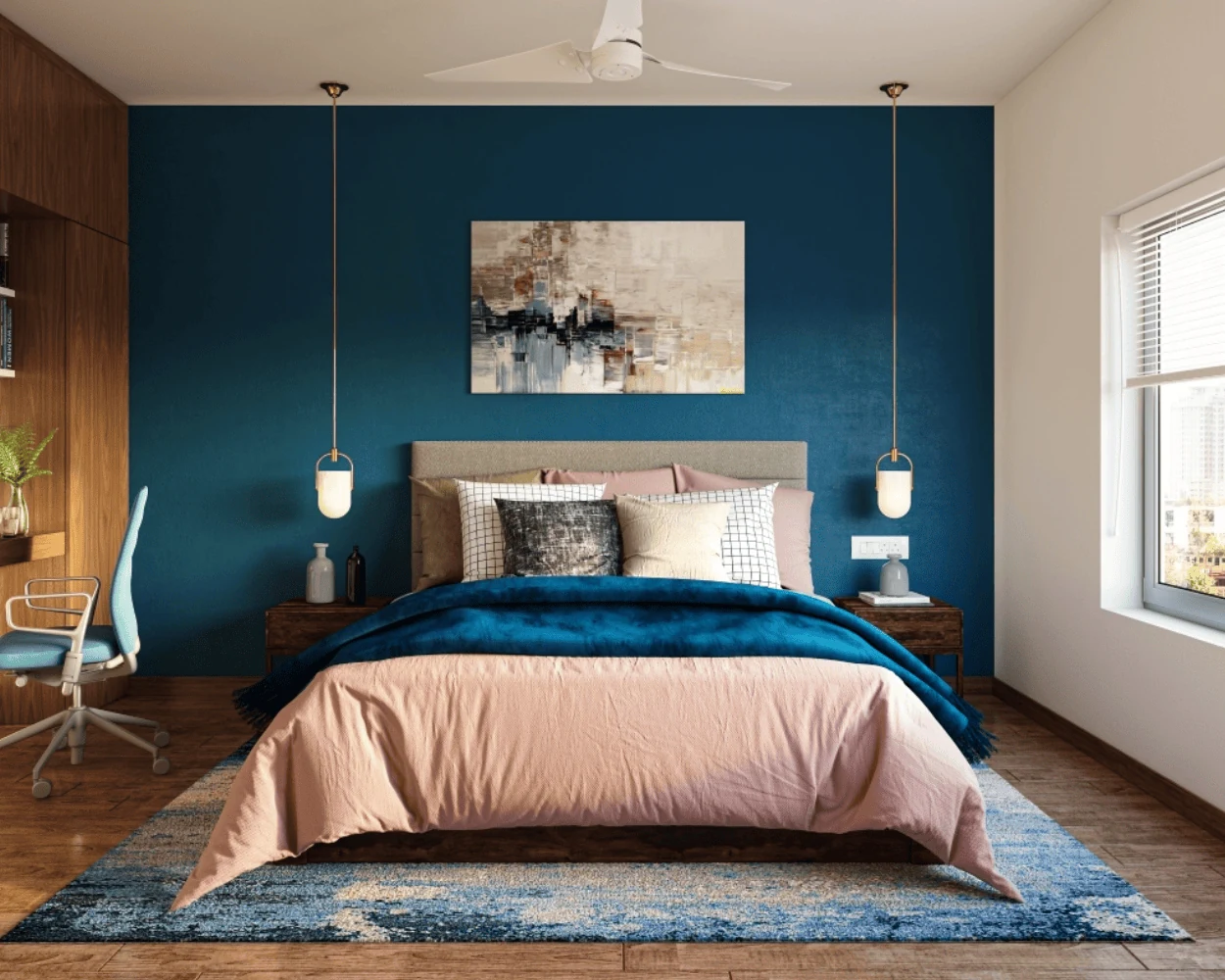navy blue dark moody bedroom with velvet drapery and warm timber accents