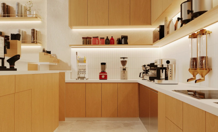 Numo Cafe fluted wood counter detail in the Japandi cafe design
