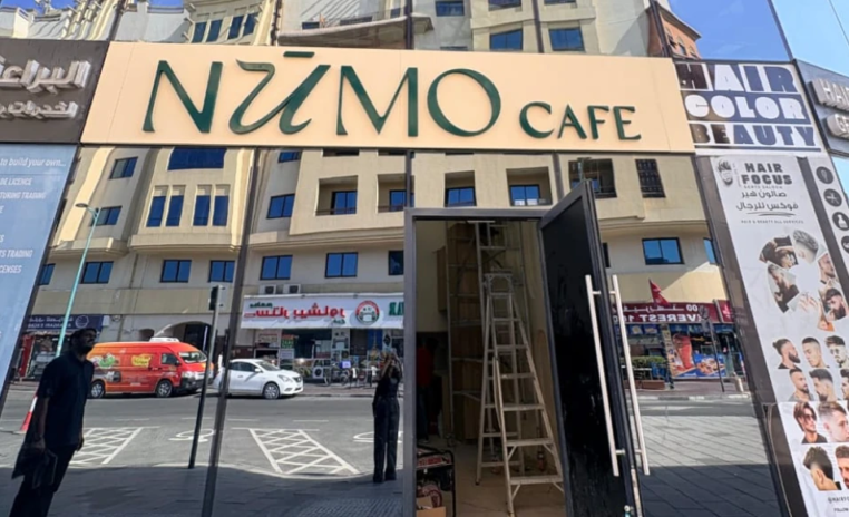 Numo Cafe greenery above the entrance in the Japandi cafe design