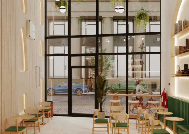 Numo Cafe milky white entrance with overhead greenery in a Japandi cafe interior design in Dubai