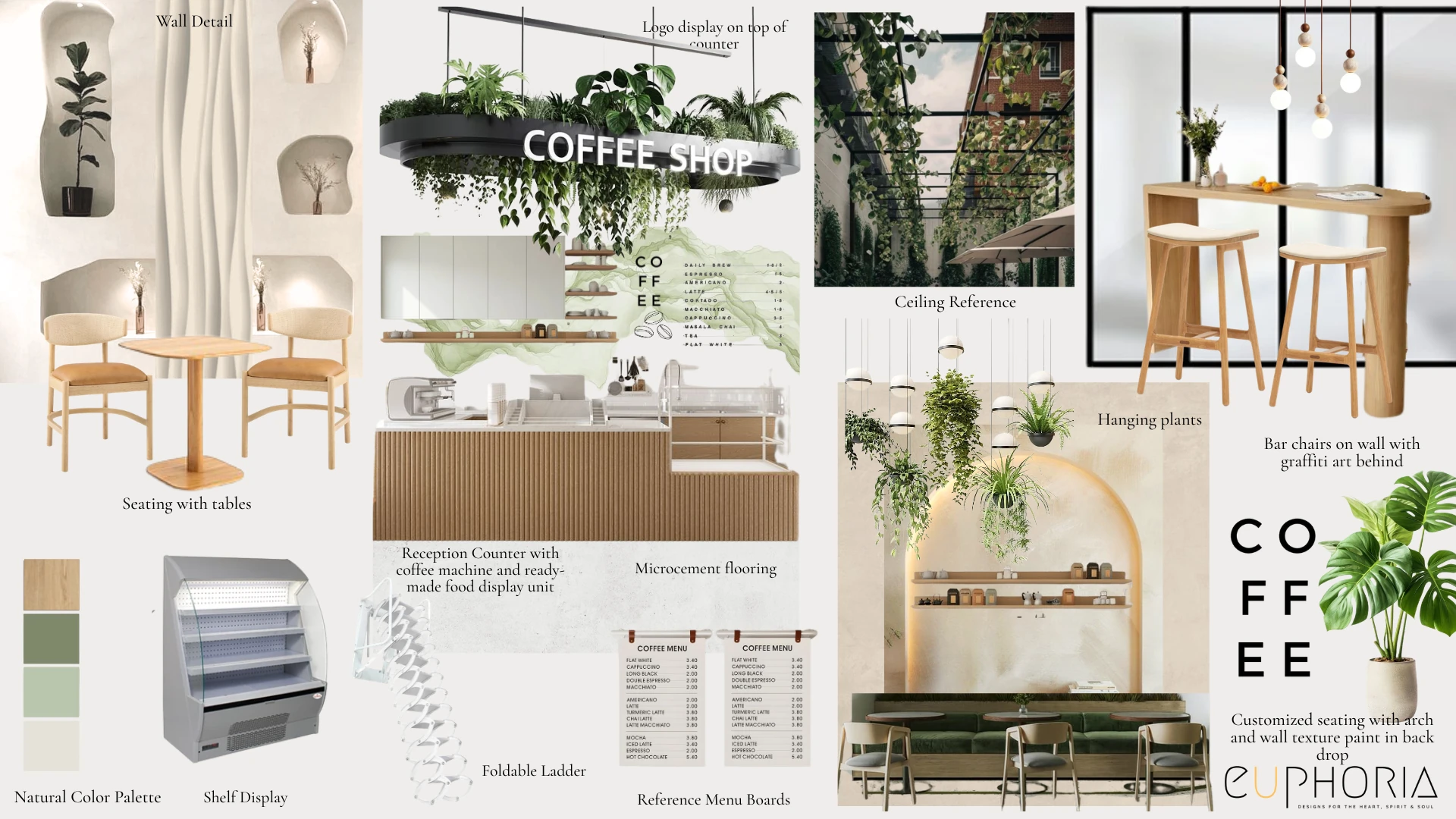 Numo Cafe mood board with emerald green light wood and milky white for a Japandi cafe interior design