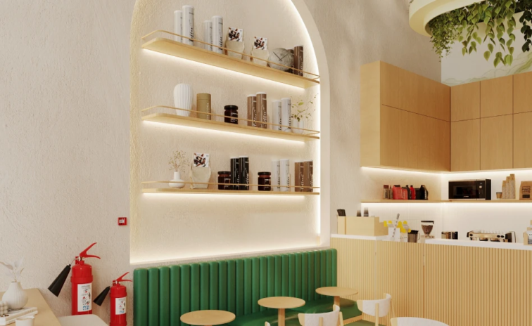 Numo Cafe light wood tables in the cafe interior design