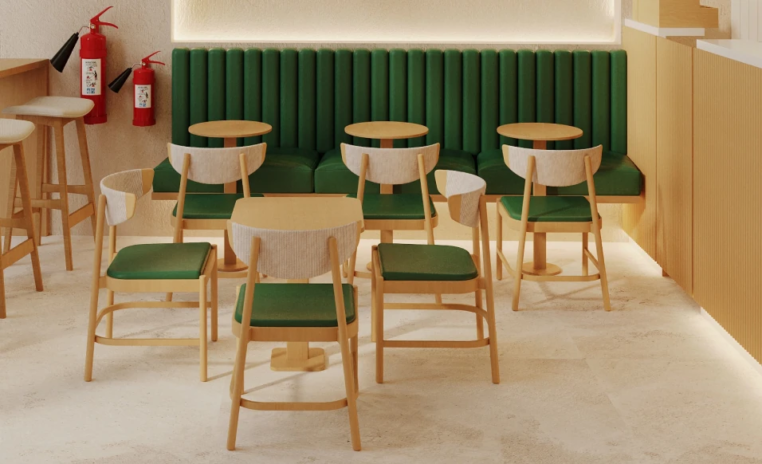 Numo Cafe banquette seating view in the cafe interior design