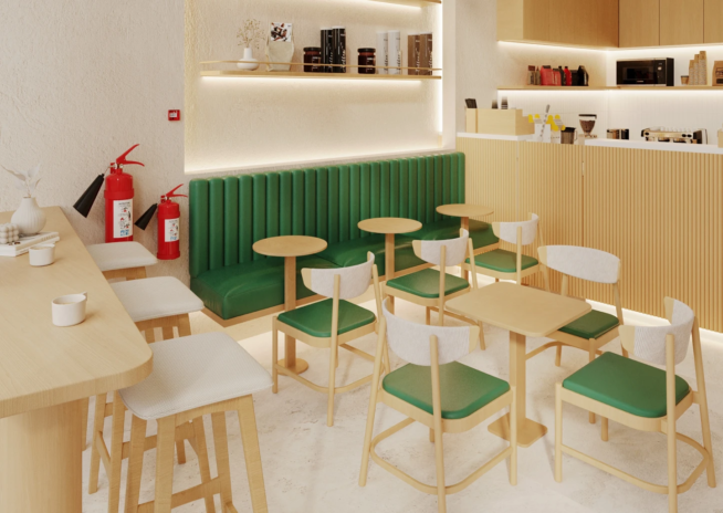 Numo Cafe seating area with emerald green banquettes in a Japandi cafe interior design in Dubai