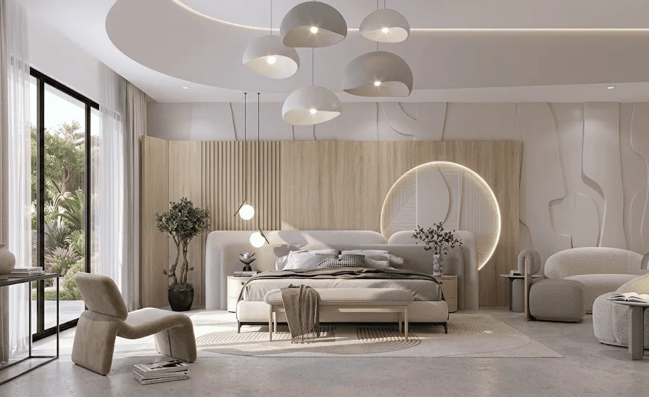 Oak & Curvilinear Elegant Bedroom Design