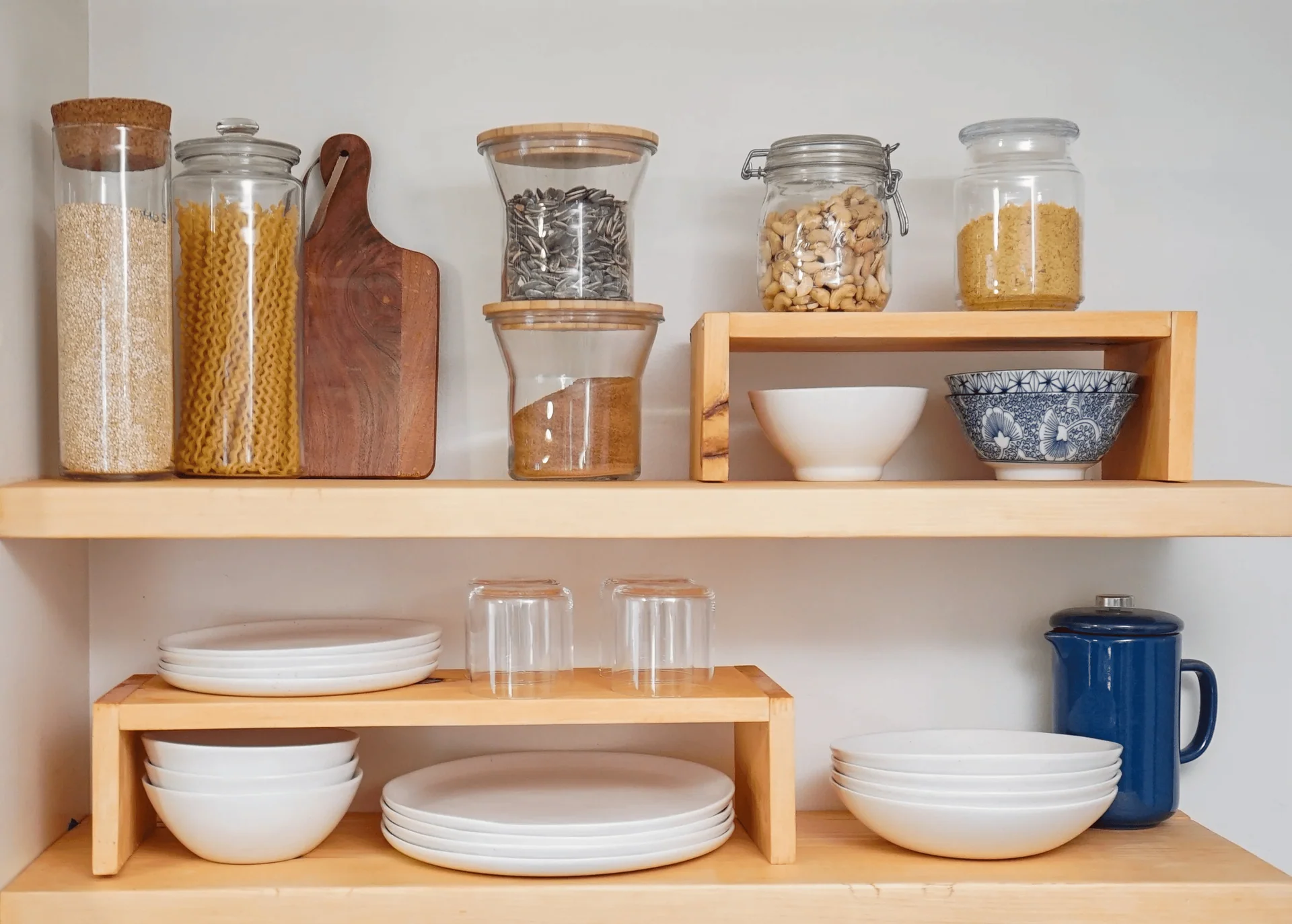 open shelves for jars and plates