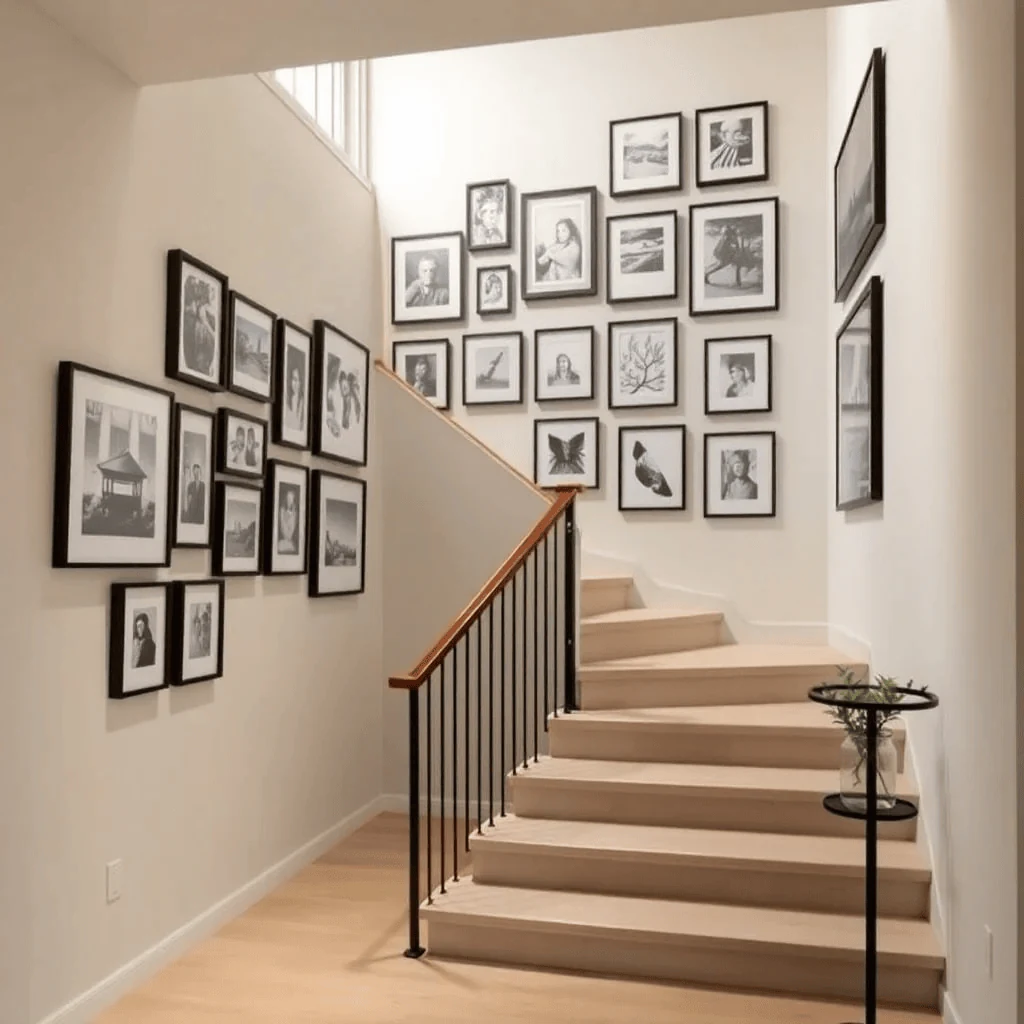 parallel incline staircase photo wall with black framed portraits
