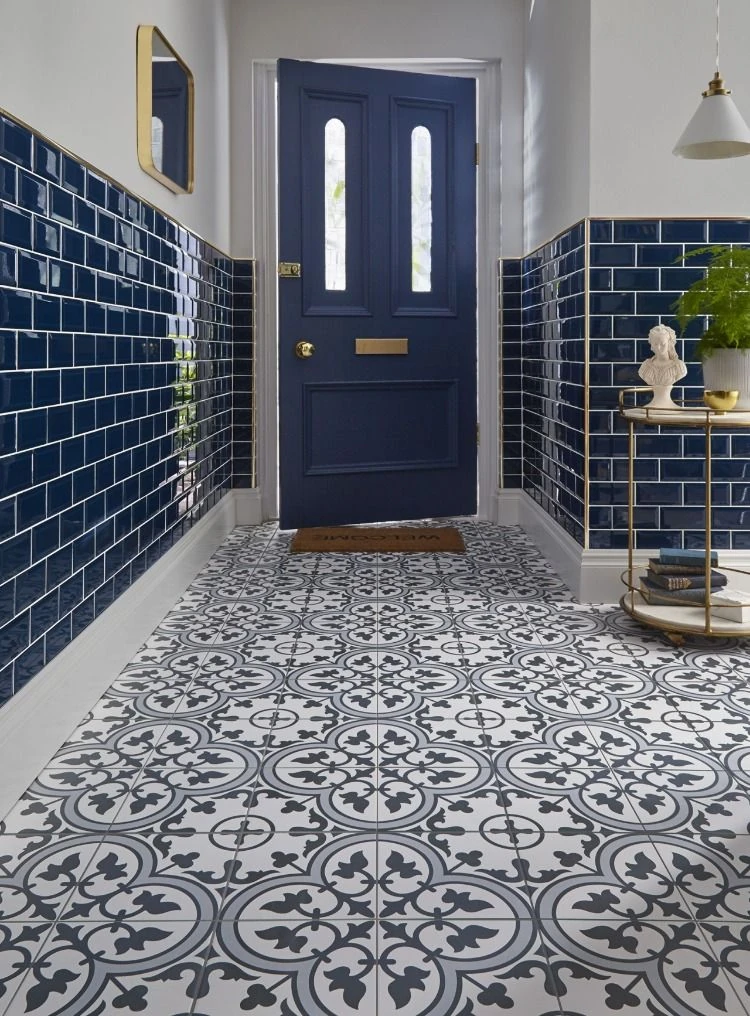 patterned entrance floor tiles defining a foyer zone