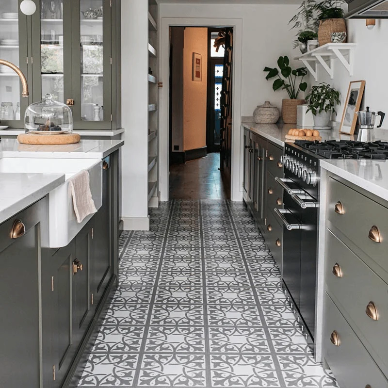 patterned kitchen floor tiles giving a simple kitchen more character