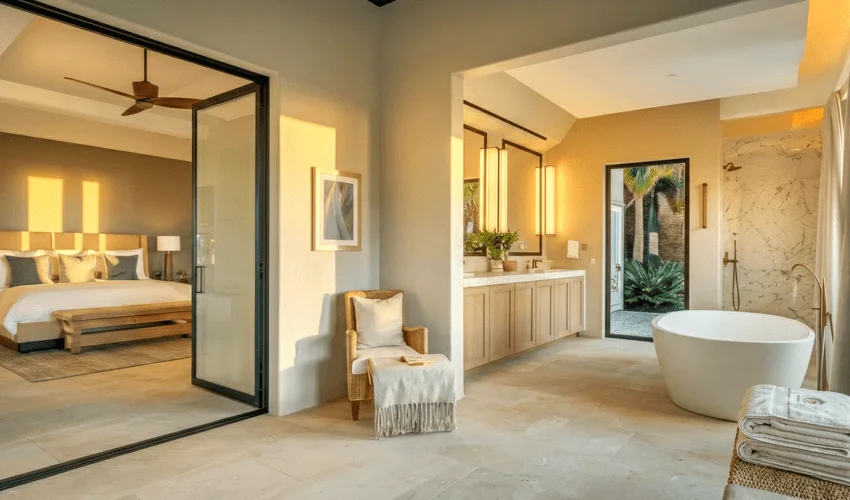 Premium bedroom design idea with bathroom ideas interior design by Euphoria Interiors Dubai