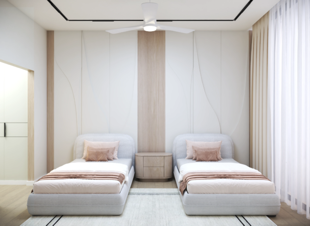 Private Villa Amalfi guest bedroom one alternate view with twin symmetric beds central wood accent column and curved wall relief detailing