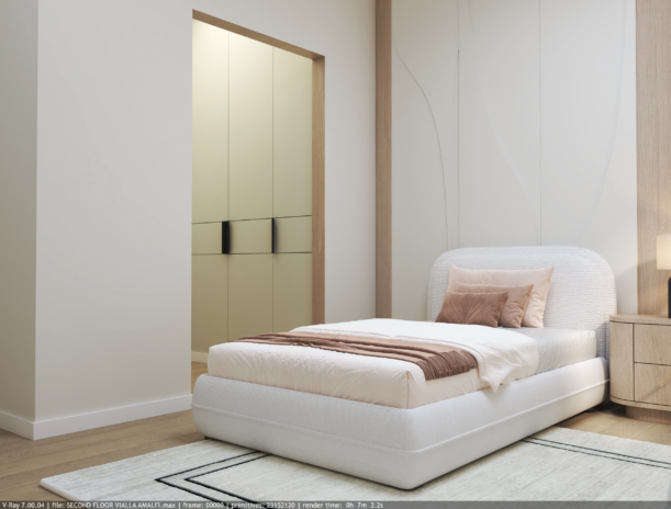 Private Villa Amalfi guest bedroom one close view with cream boucle single bed warm oak nightstand wardrobe access and organic curved wall detailing