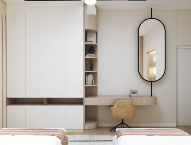 Private Villa Amalfi guest bedroom one wardrobe and study composition with cream cabinetry oval mirror floating desk and warm oak accent shelving